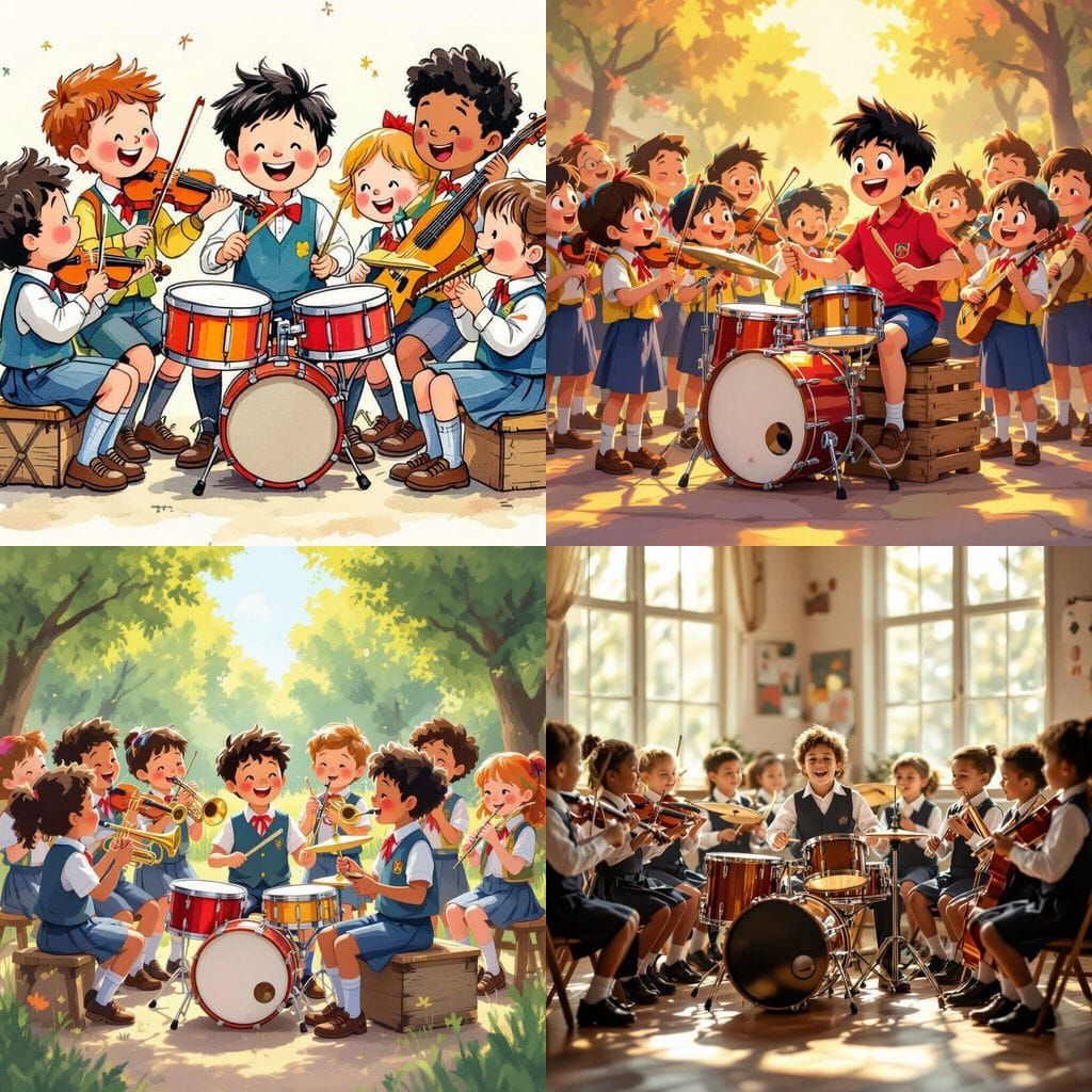 Children Playing Musical Instruments in School Uniform