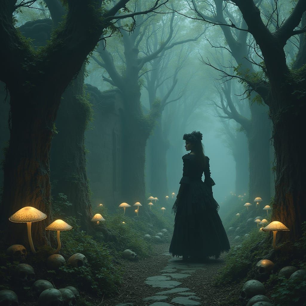 Gothic Garden with Skulls in Surrealist Style