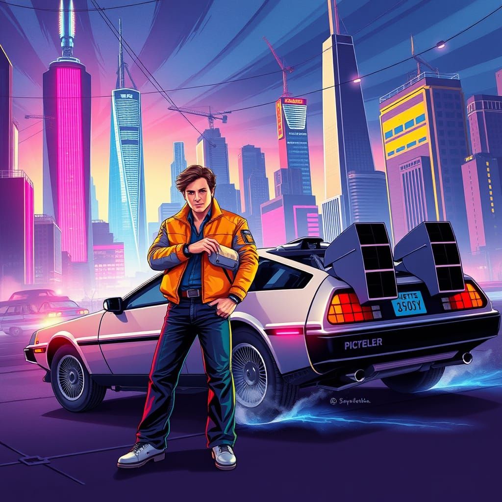 Time Traveler Stands Beside Futuristic DeLorean