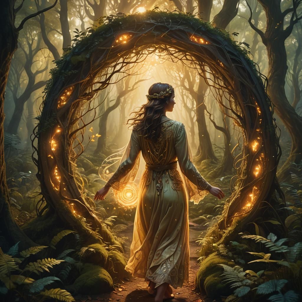 Woman Steps Through Magic Portal in Forest