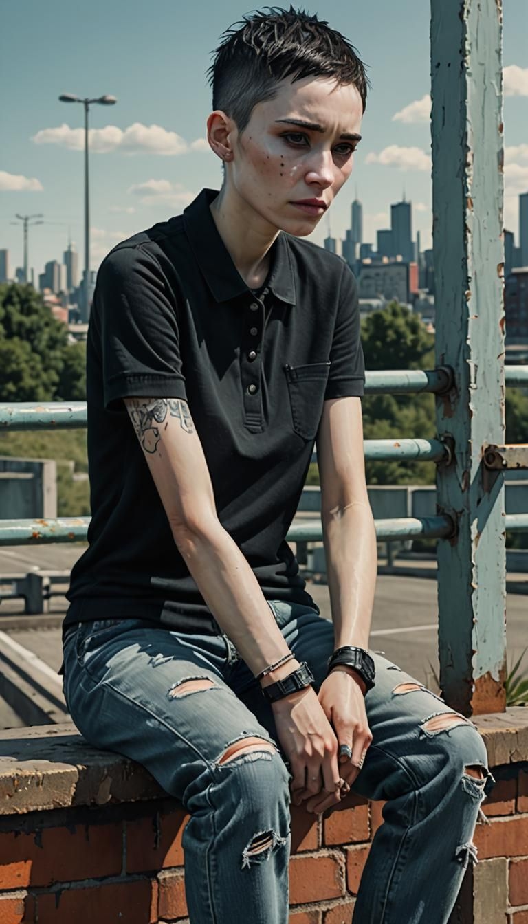 Rooney Mara as Lisbeth Salander dressed as a skinhead sitting on a railing, a portrait,