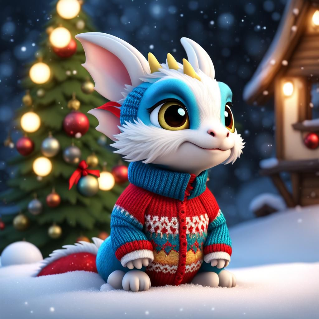 Adorable Chibi Dragon Christmas Scene in CGI