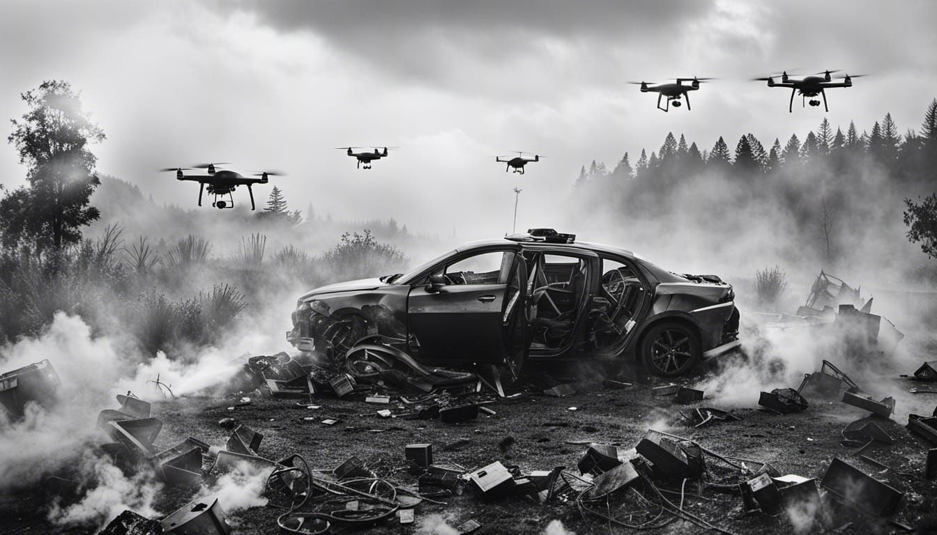 Eerie Drone Collision Aftermath in Atmospheric Photoillustra...