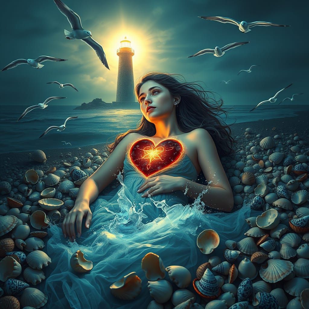 Hyperrealistic Woman on Shore with Lighthouse Heart