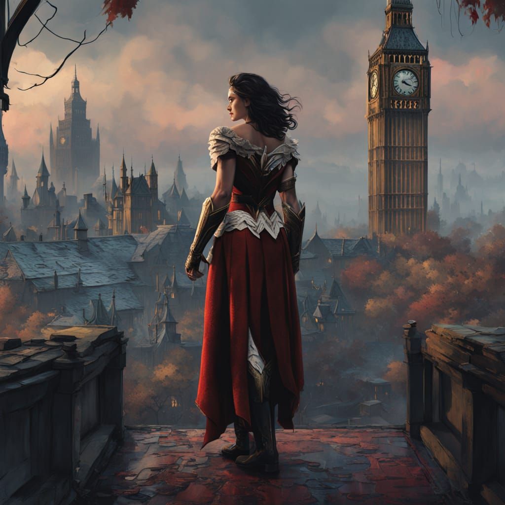 Wonder Woman of the UK in Victorian Vampire Attire against L...