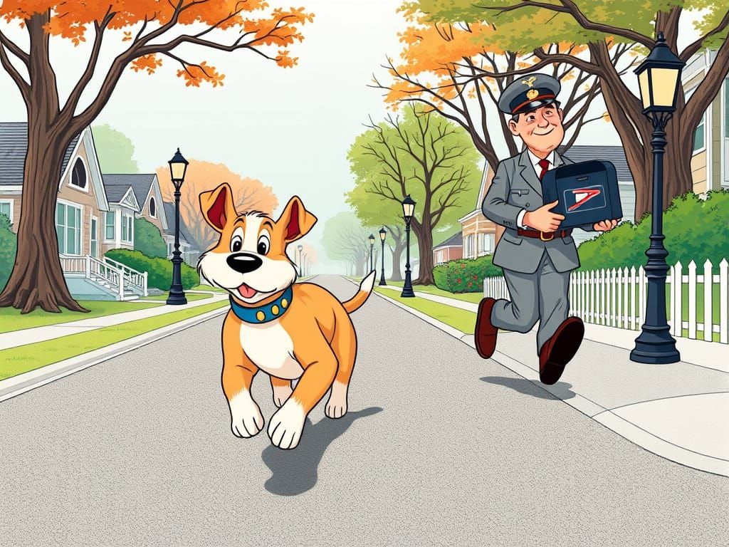 Dog Chases Postman Down Suburban Street, Chuck Jones Style