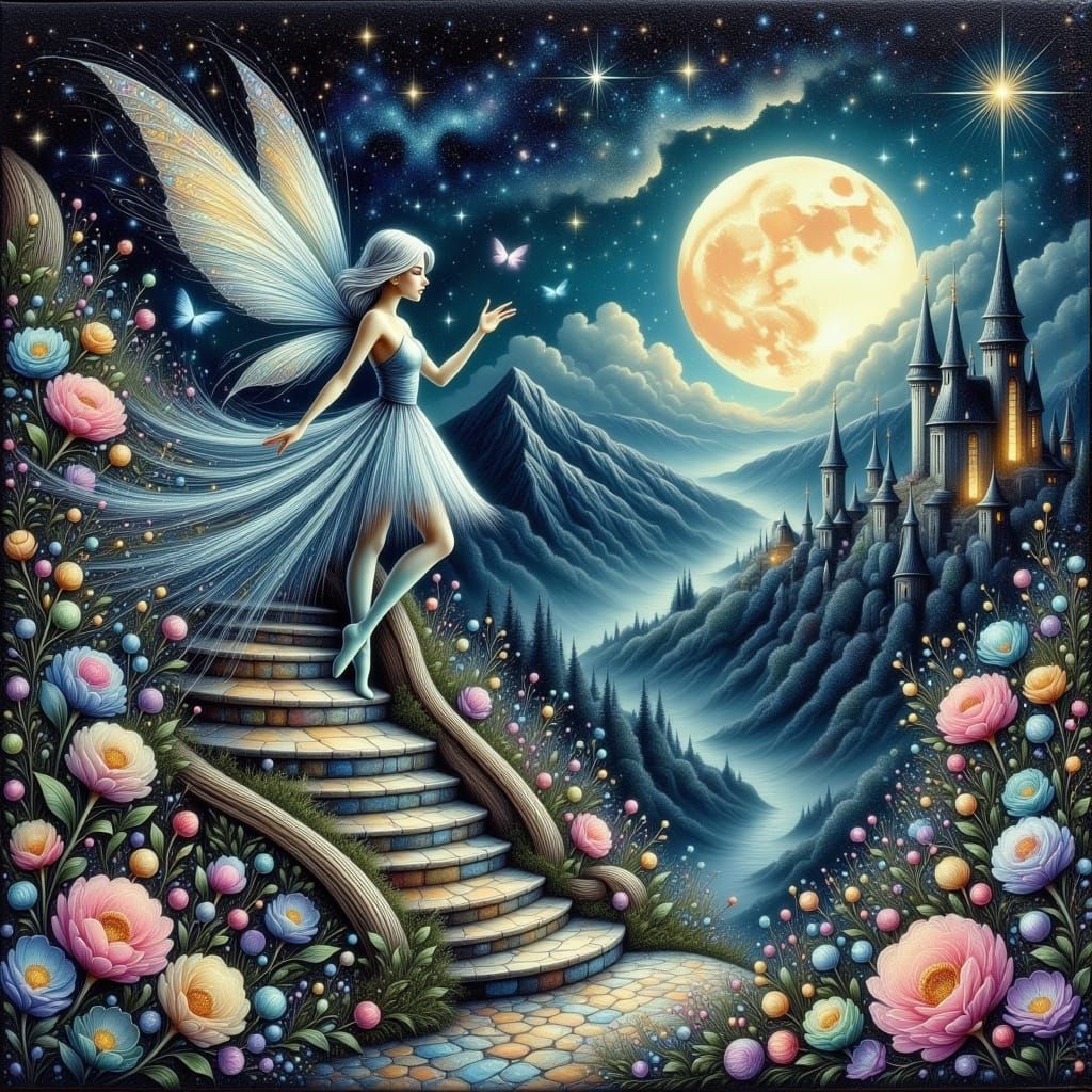 Whimsical Fairy Castle Amidst a Dreamy Nighttime Scene