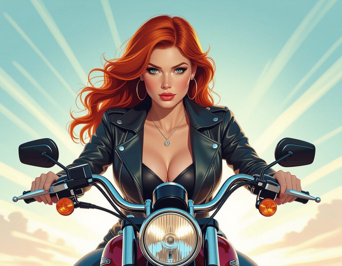Redhead Woman on Harley Davidson Comic Cover Art