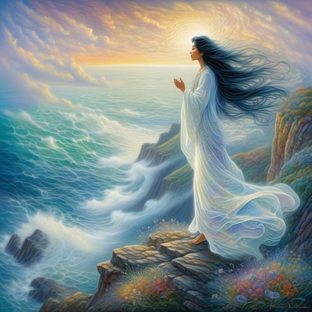 A beautiful woman with long black hair stands on a cliff ove...