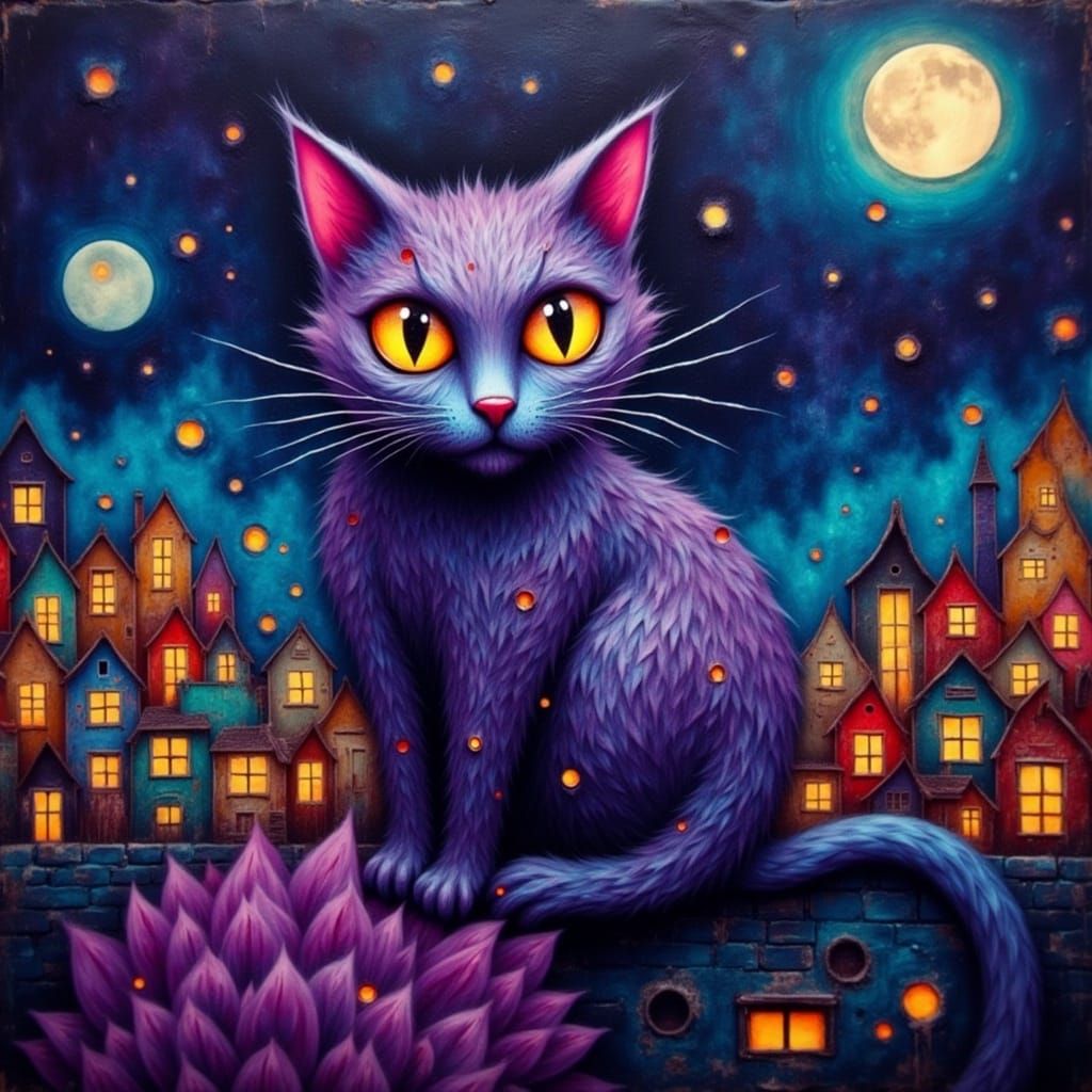 Abstract Cat in Cityscape, Resin Art Style