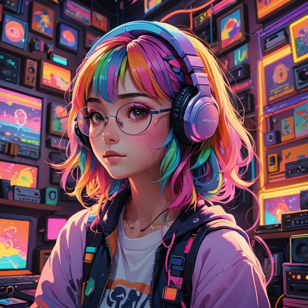 Rainbow-Haired Anime Girl in Cozy Lofi Room