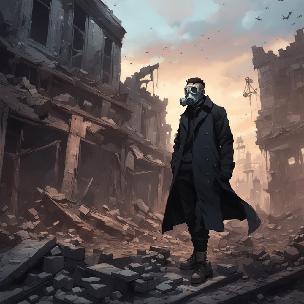 Ruined Shop: Man in Gas Mask, Anime Style