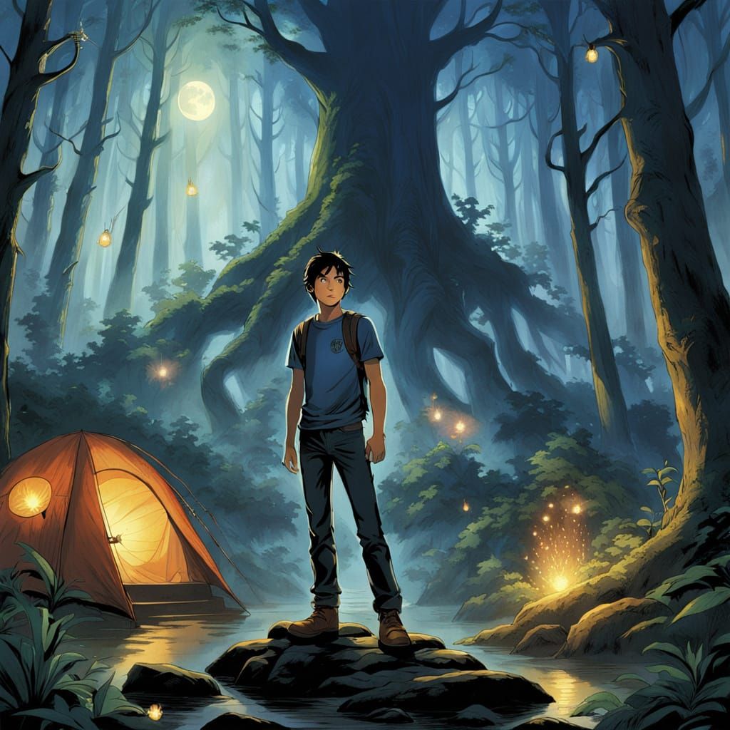 Heroic Demigod in Dreamy Moonlit Forest