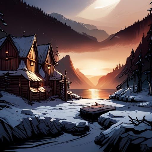Gothic Norse Viking Village in Winter Landscape