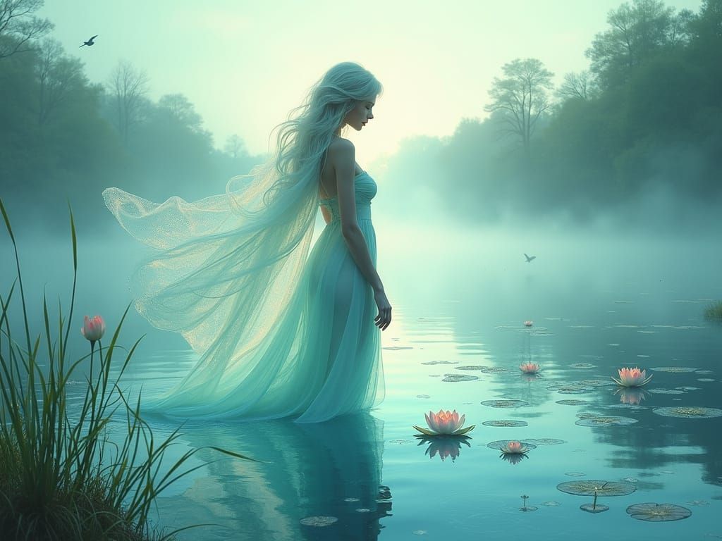 Ethereal Water Nymph Emerges from Misty Lake