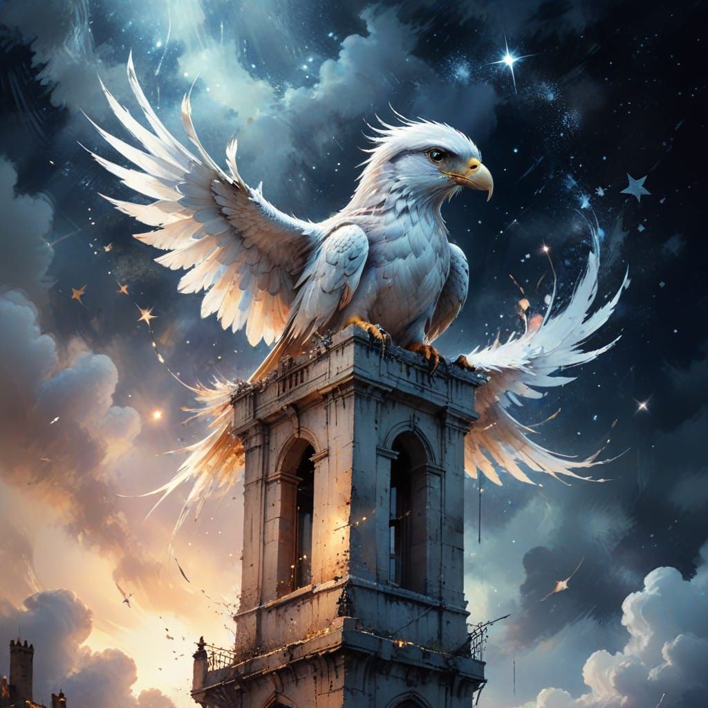 Silver Hawk on Ancient Tower, Watercolor Art