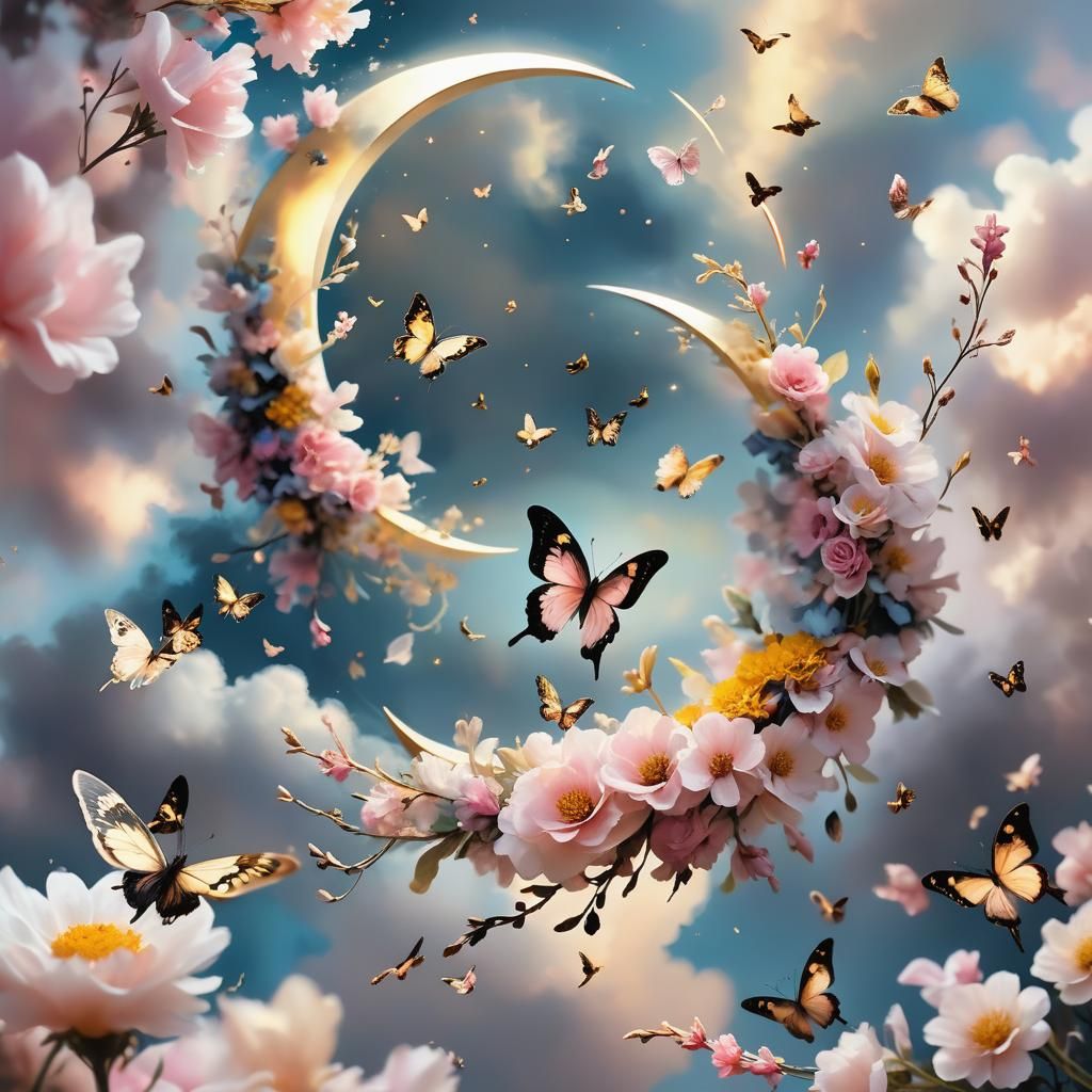 Floral Crescent Moon in Ethereal Oil Painting Style