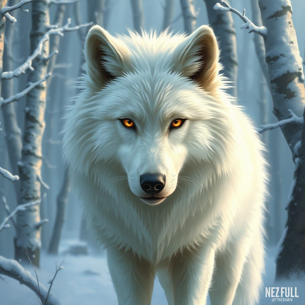 Fluffy White Wolf in Snowy Forest