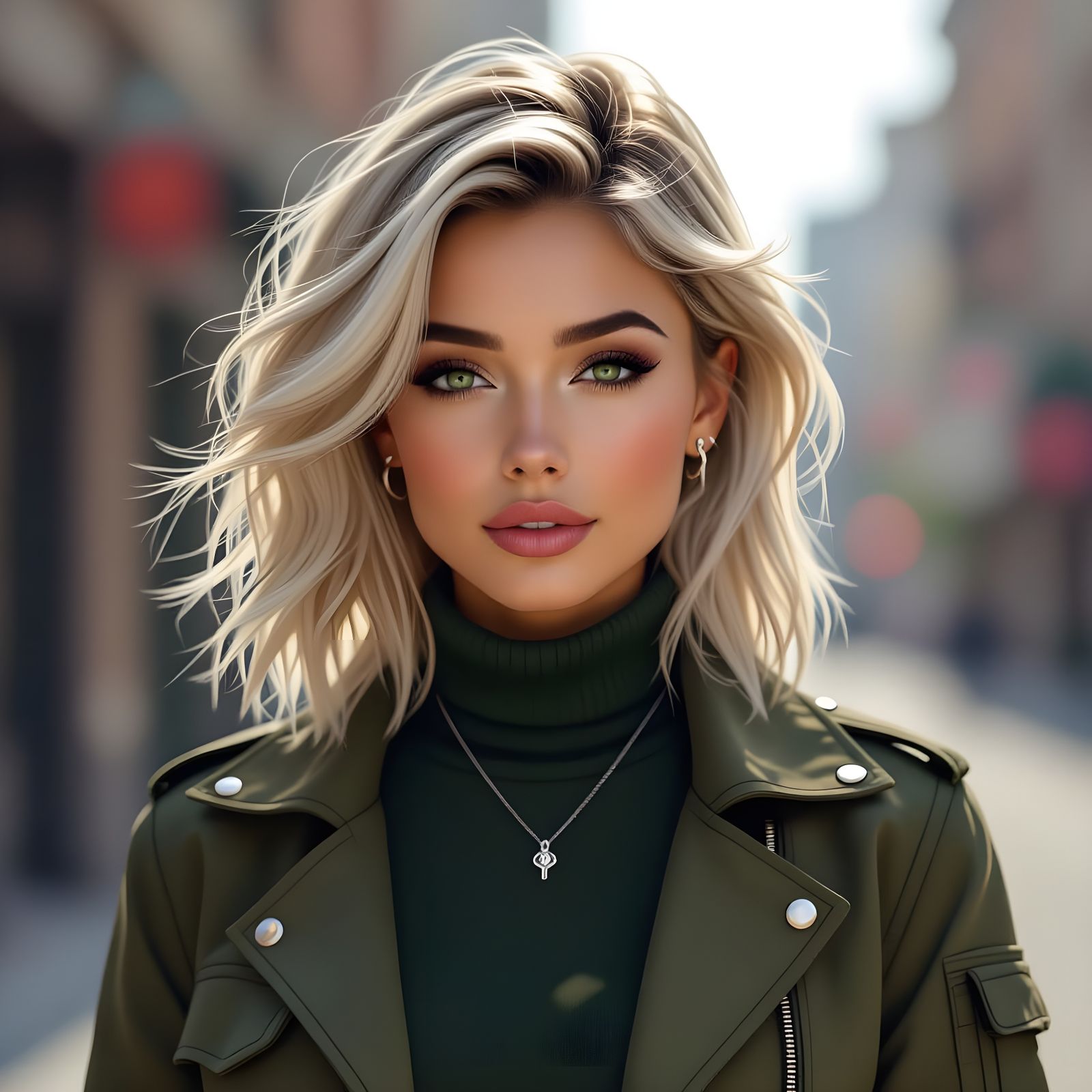 Confident Woman with Platinum Hair in Dystopian Setting