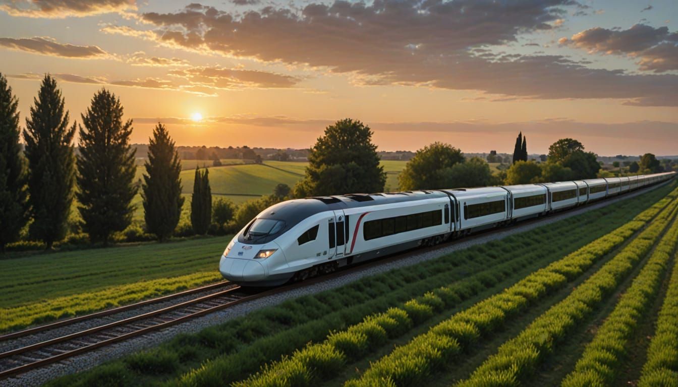 Renaissance Painting of a Modern Train at Sunset