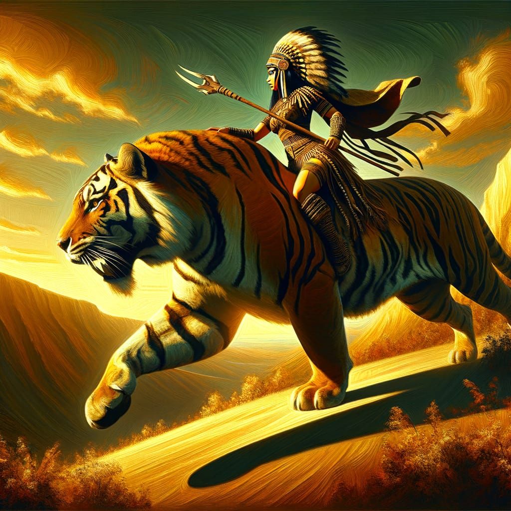Epic Latina Warrior Rides Sabretooth Tiger in Golden Hour Li...