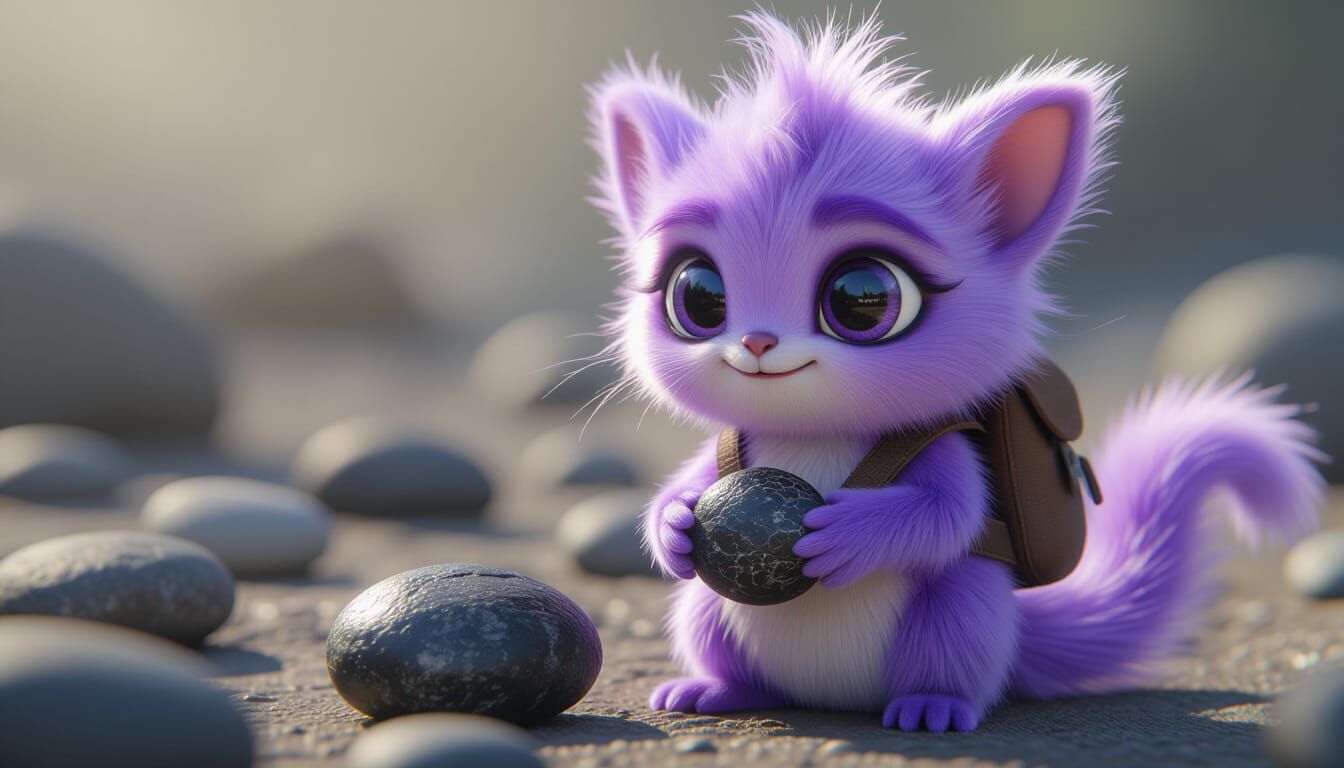 Cute Fantasy Creature Holding Pebble in 3D CGI Style
