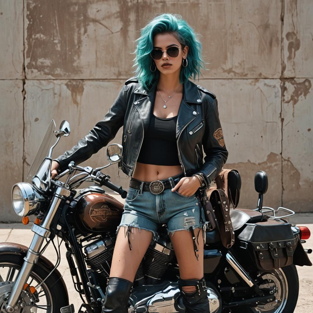Aqua-Haired Biker on Yaowarat Road: 3D Anime Art