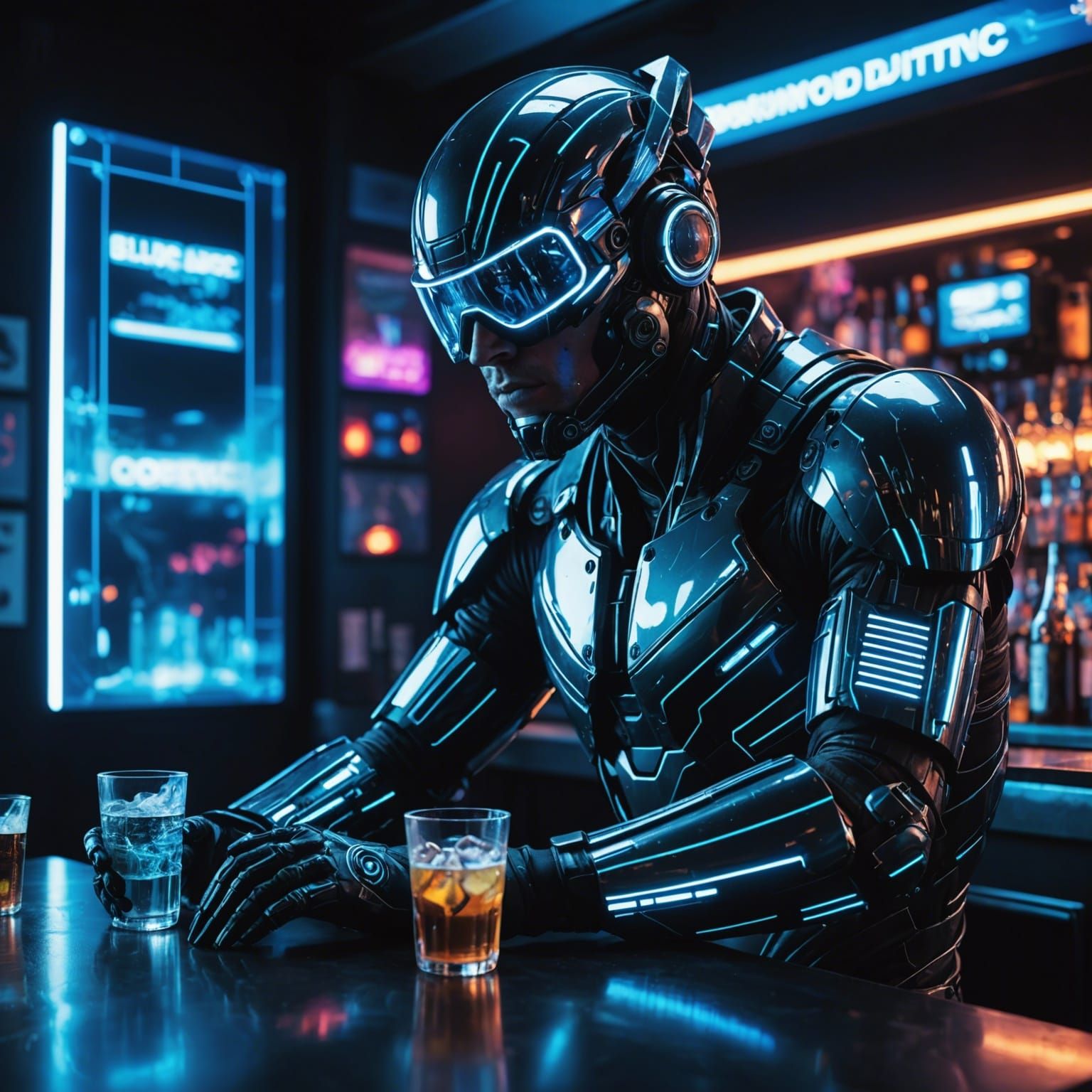 Cyborg in Glitched Cyberpunk Bar: Digital Pixel Art