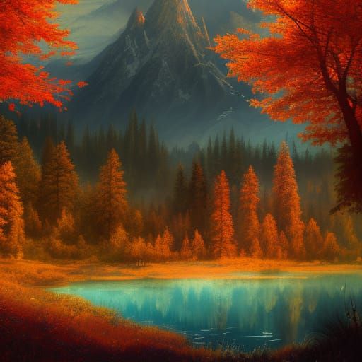 Autumn Lake Sunset Landscape in Dark Fantasy Style