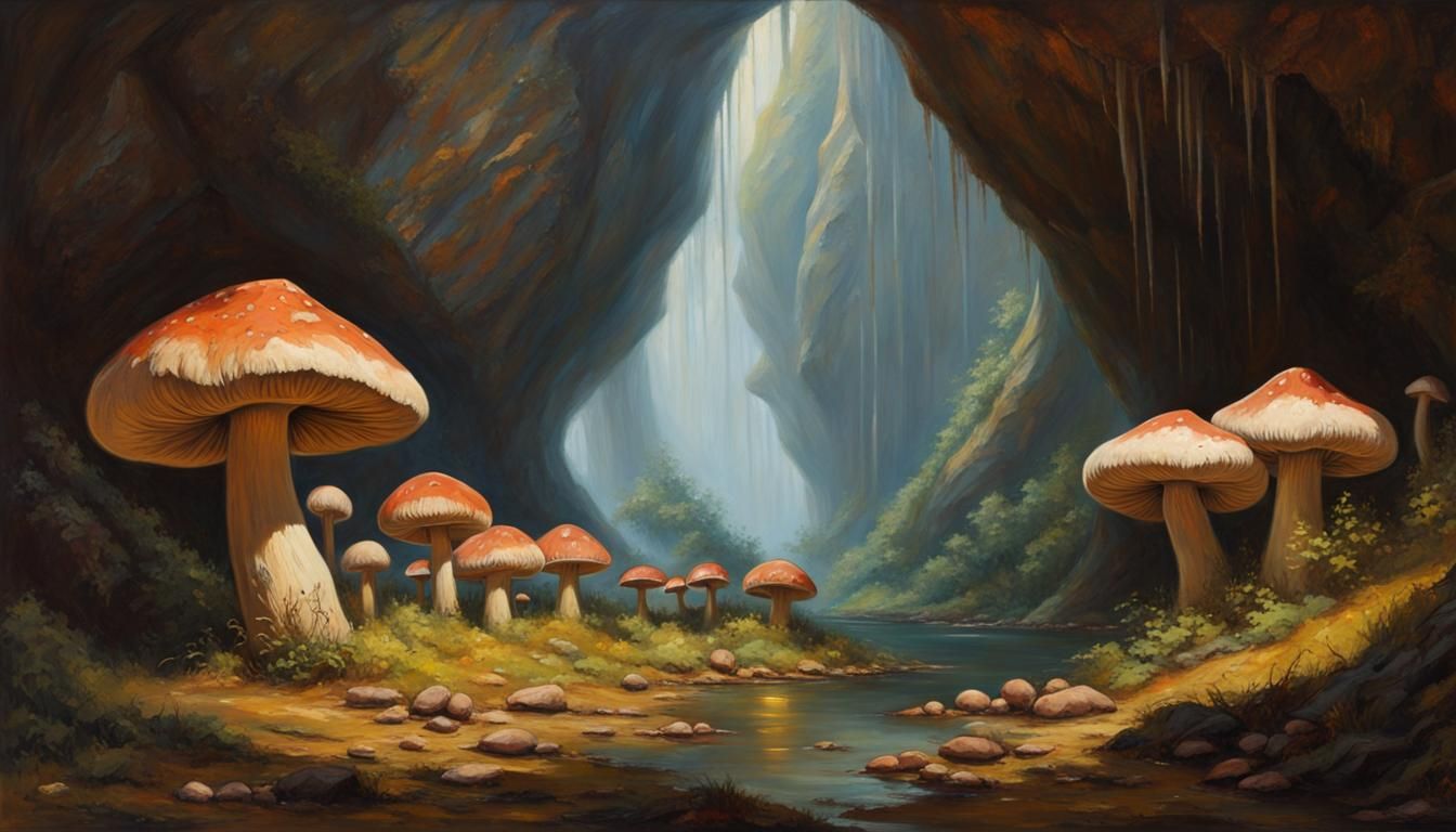 Giant Mushrooms in Cave: Oil Painting Masterpiece