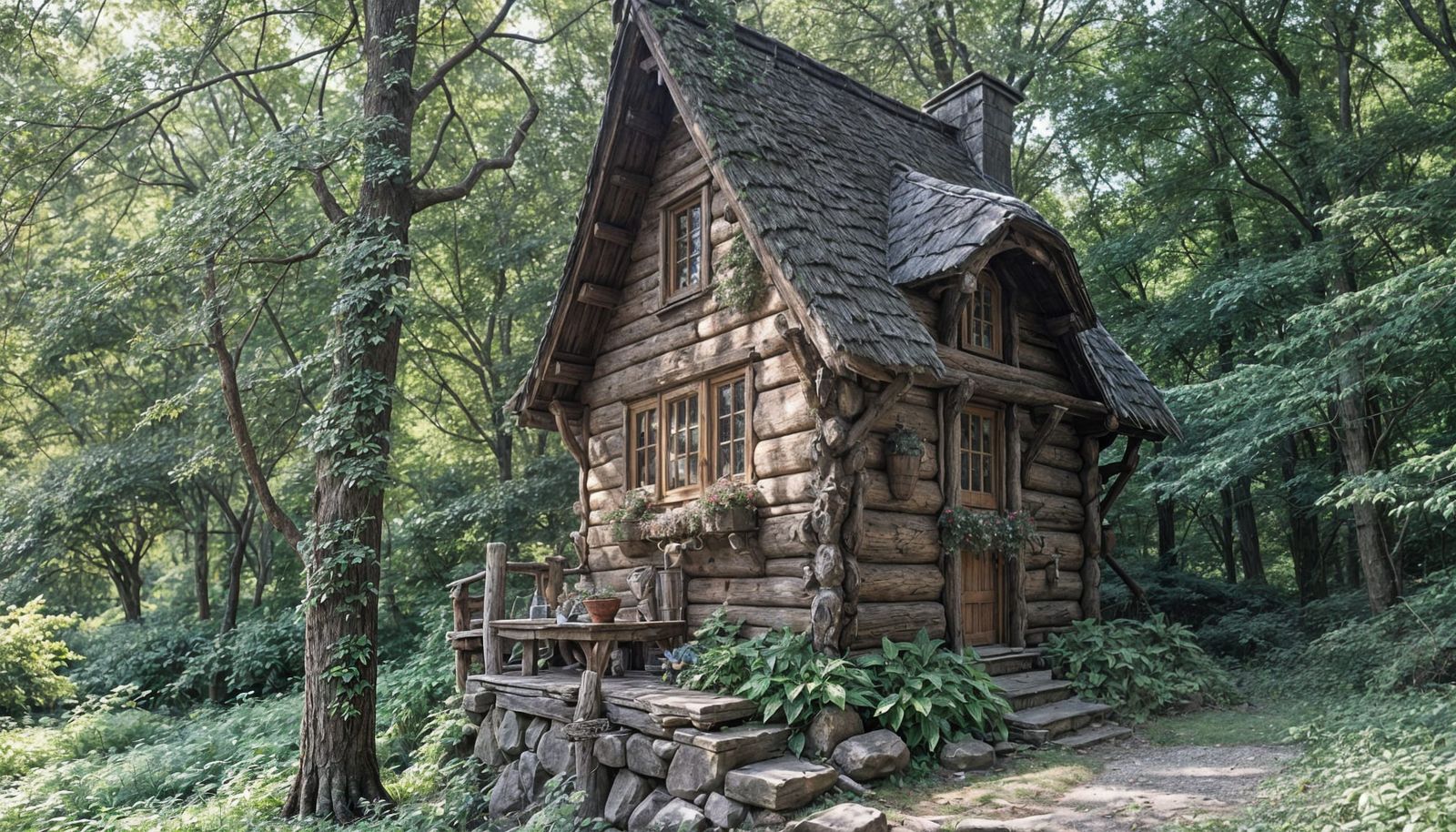 Whimsical Rustic Elven Cabin in Serene Forest Landscape