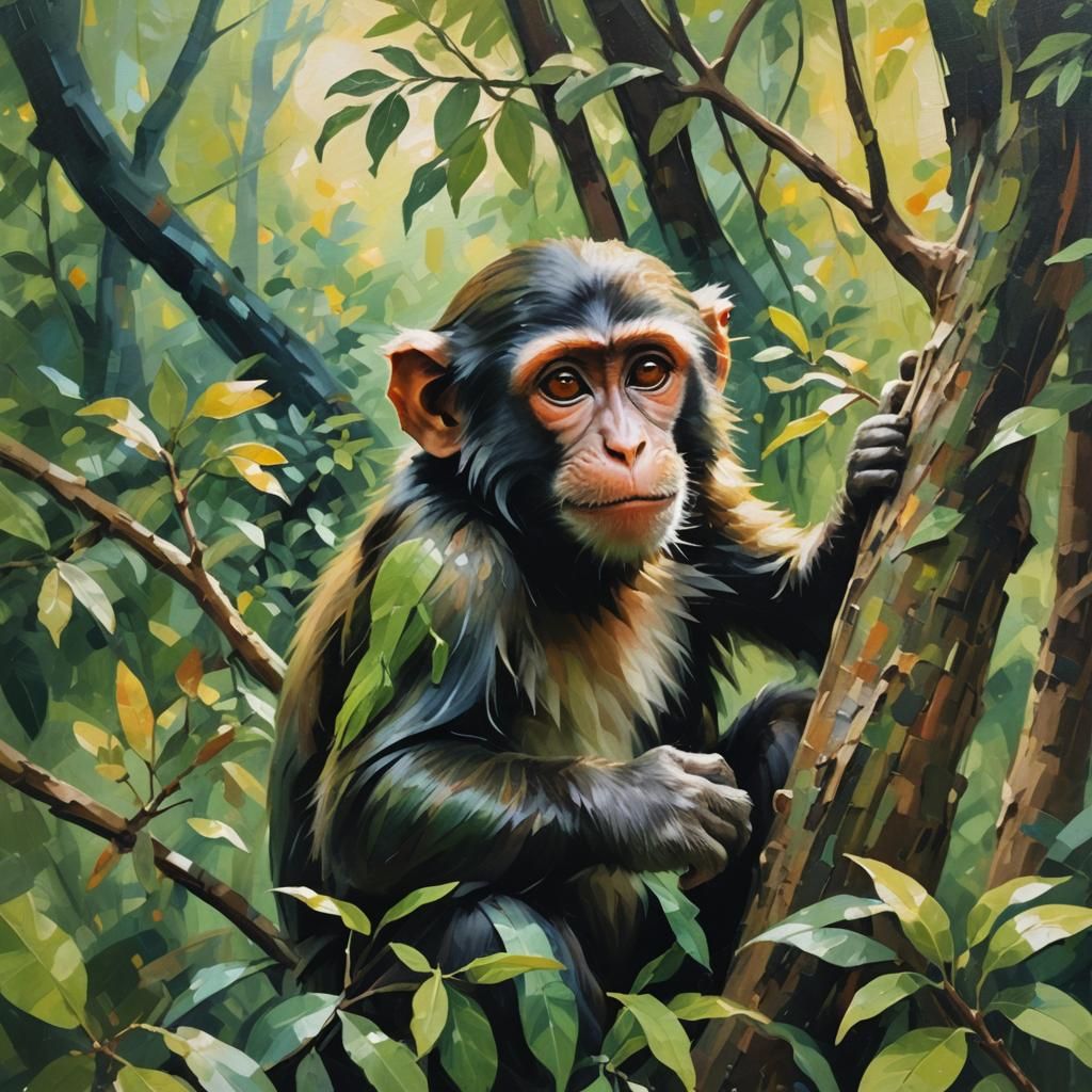Monkey Hugging Tree in Impressionist Style