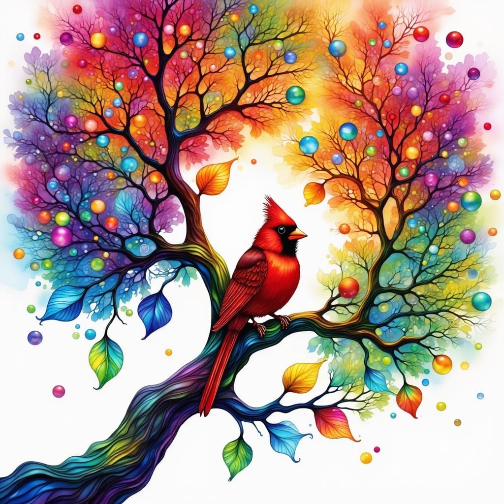 Surreal Cardinal in a Blossom Tree Artwork