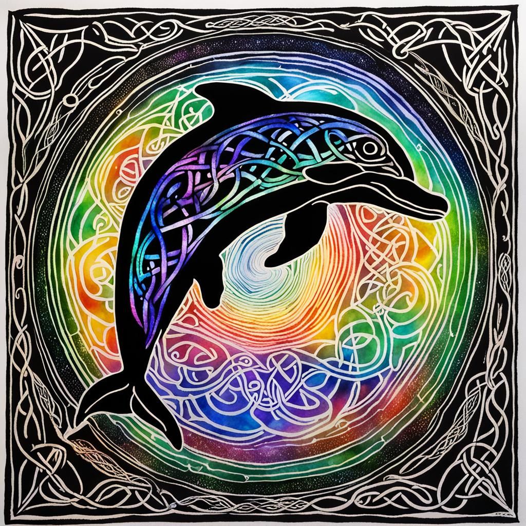 Celtic Dolphin Silhouette with Fairy, Alcohol Ink Art