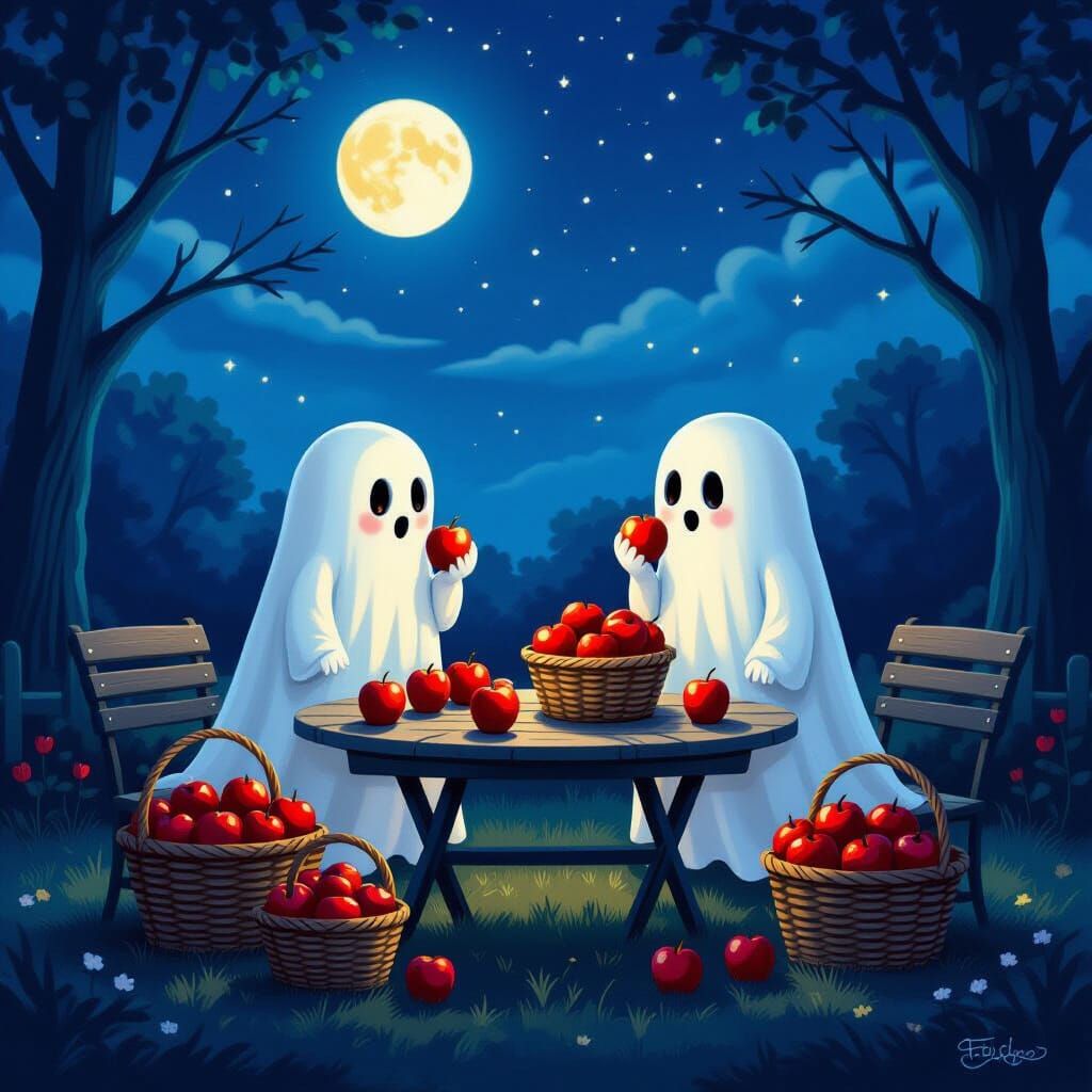 Whimsical Ghosts Enjoy Apples Under Moonlight Digital Painti...