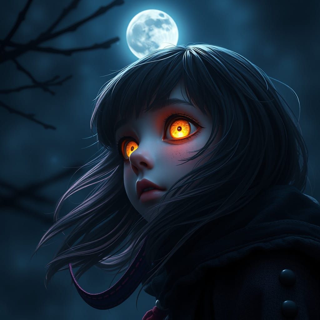 Girl Under Moonlight in a Fantastical Night Scene