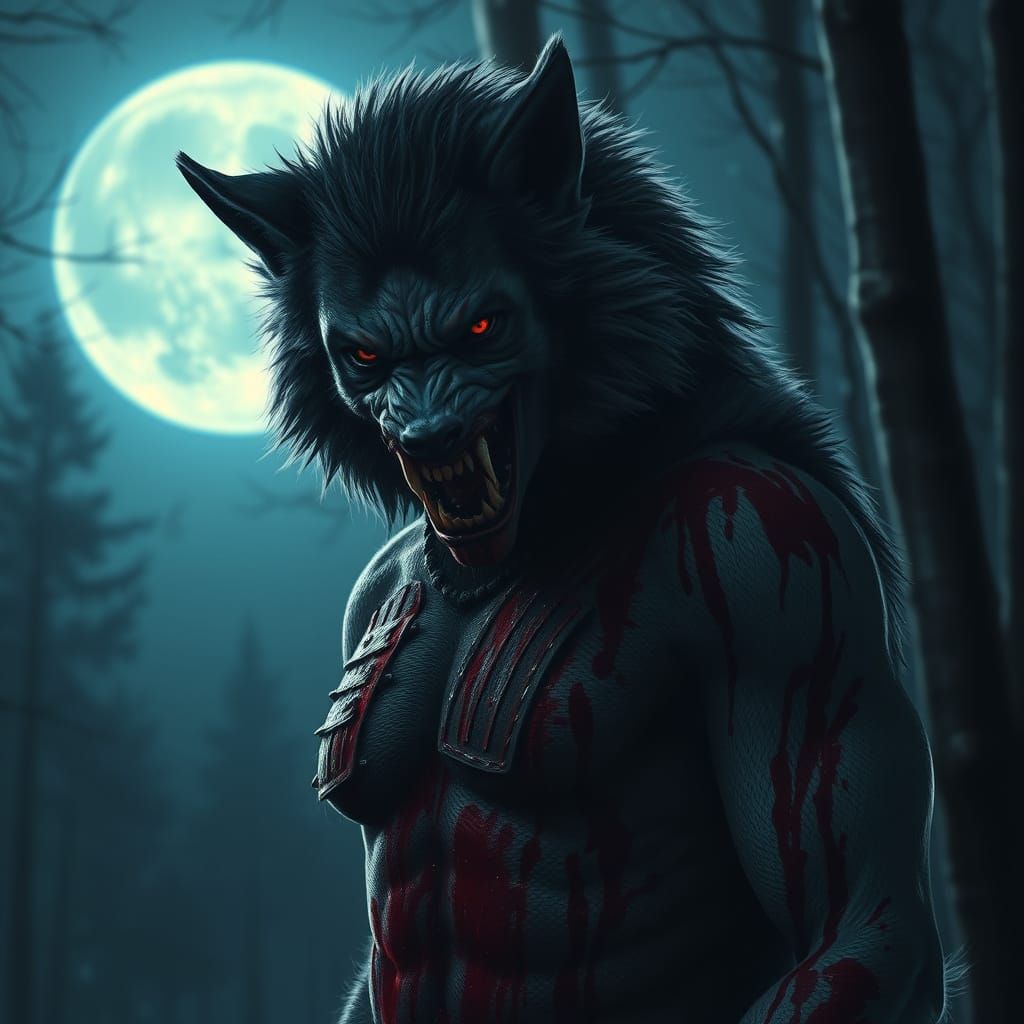 Blood-Soaked Werewolf in Moonlit Forest