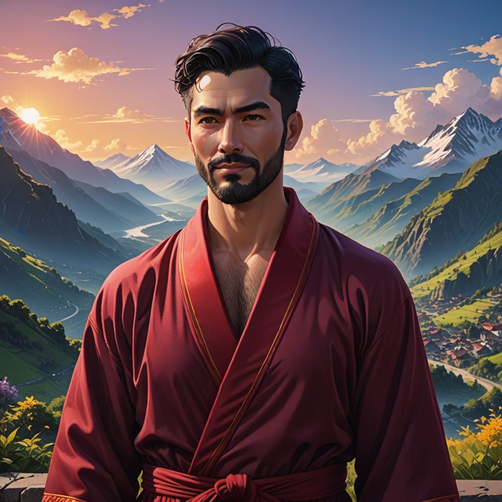 Cute Hirsute Man in Burgundy Velvet Robe in Splendid Mountai...