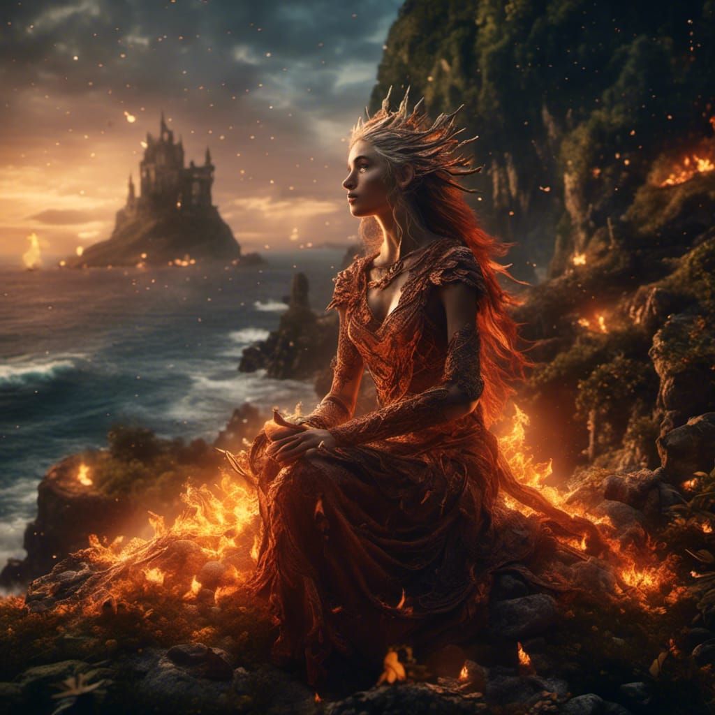 Hyperrealistic Fire Elf on Magical Island