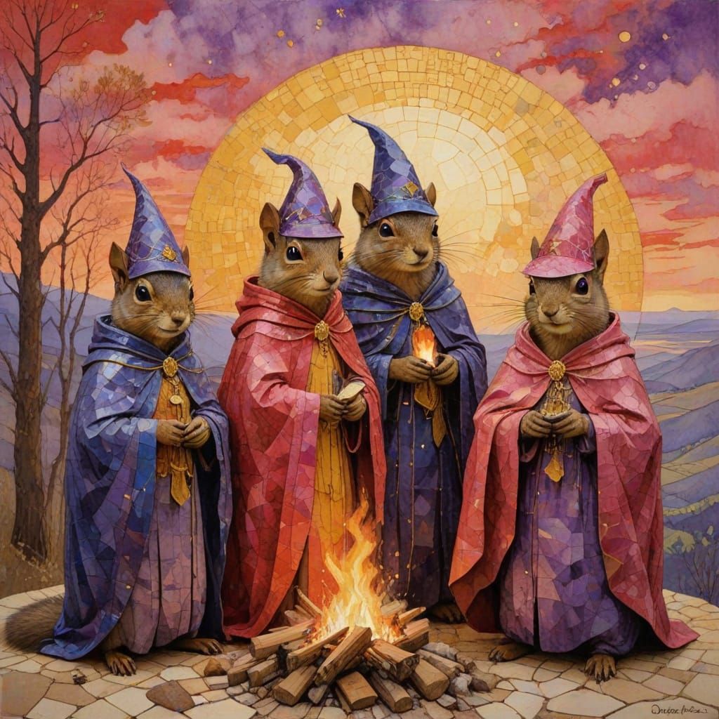 Surreal Squirrel Wizards Gather at Sunset Bonfire