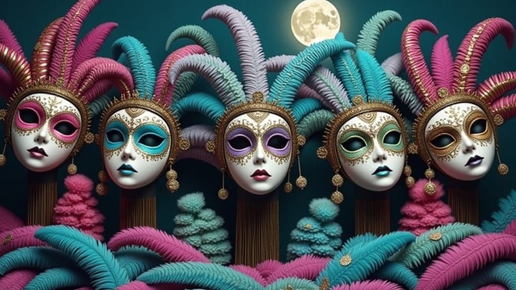 Venetian Mask and Feathers Under Full Moon
