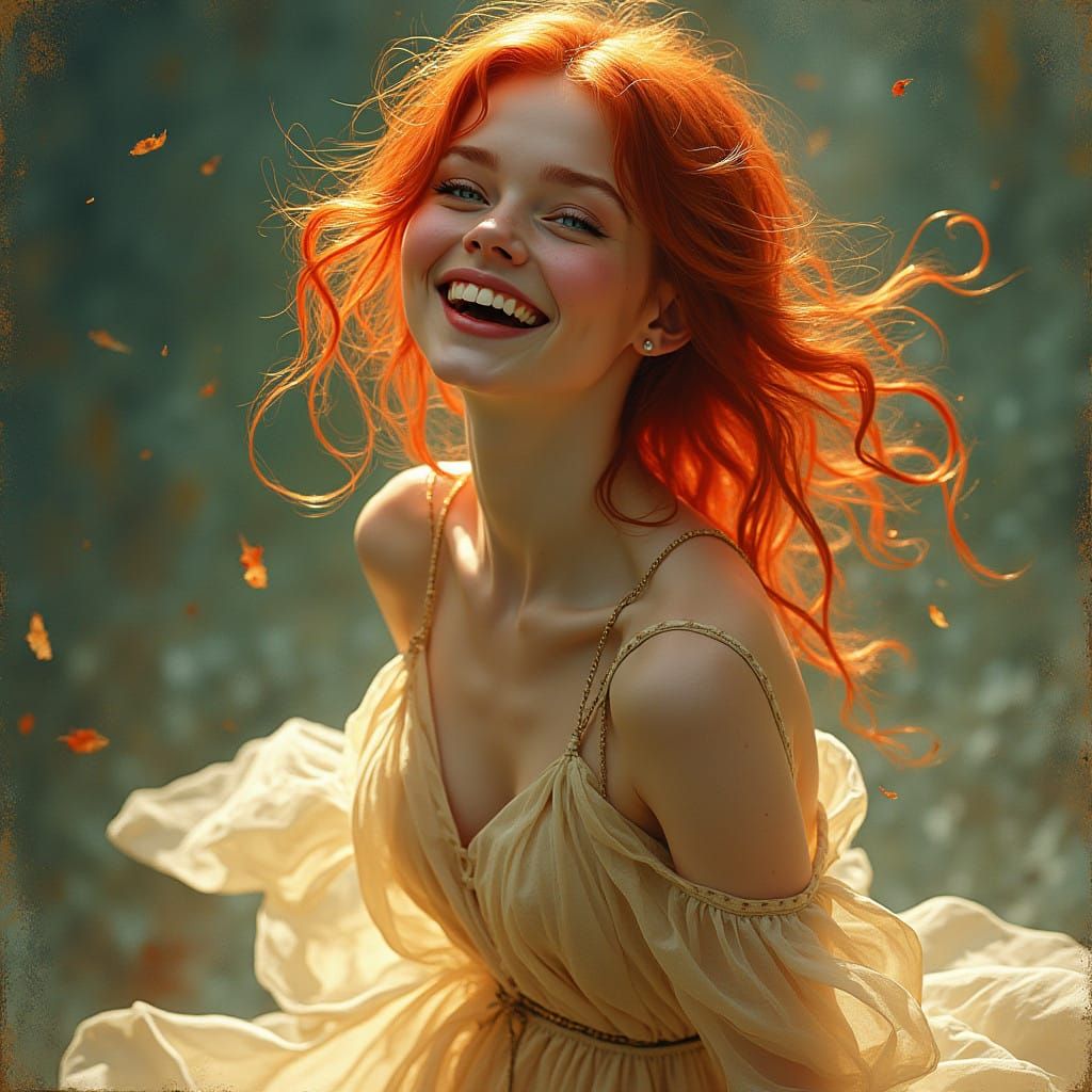 Vibrant Woman in Ethereal Gown Captured in Joyful Moment