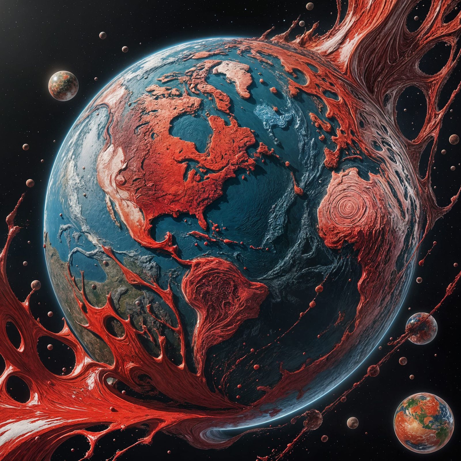 Hyperrealistic Earth Without Water, Streaked with Red Fluid