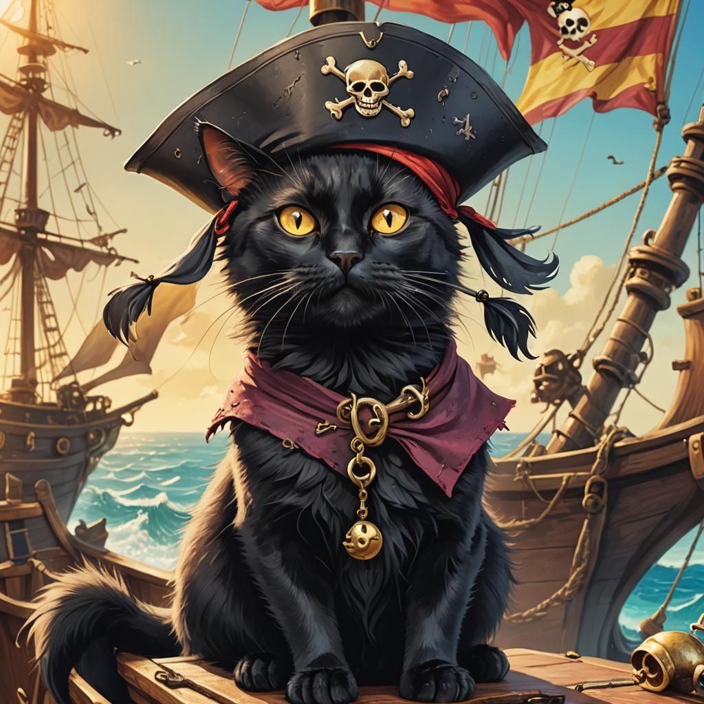 Pirate Cat Soars the High Seas in Whimsical Digital Illustra...
