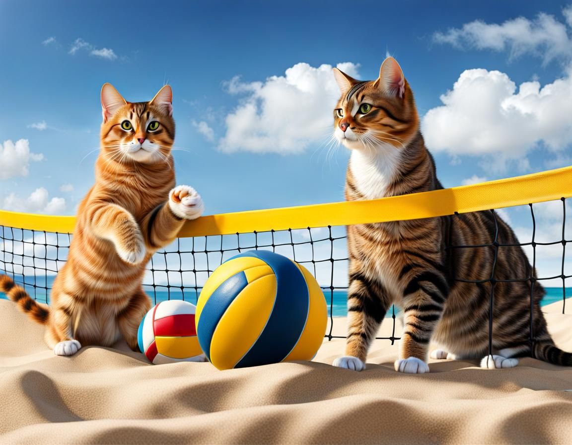 Cats Playing Beach Volleyball in Photorealistic Style