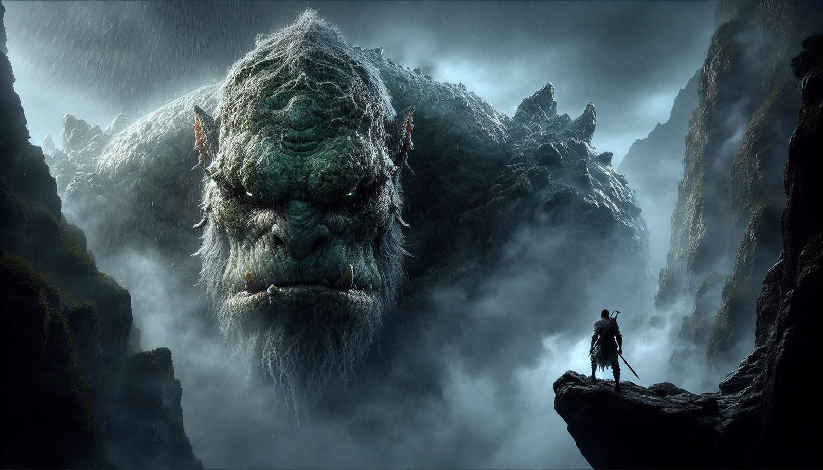 Colossal Creature Confronts Knight in Stormy Digital Paintin...