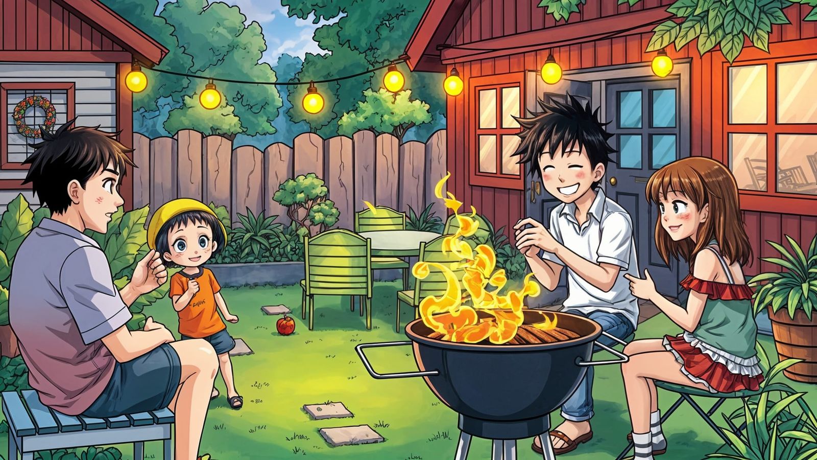 Anime Style Cartoon Characters Enjoying a Summer BBQ in a Vi...