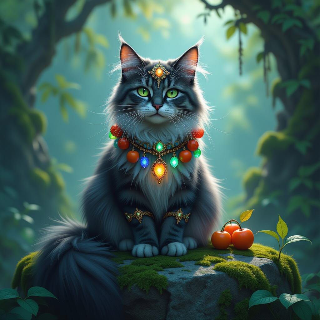 Mystical Cat with Glowing Fruit Jewelry on Ancient Stone