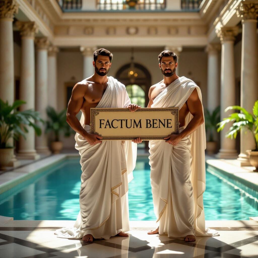 Roman Man in Toga Holds "FACTUM BENE" Sign in Atrium