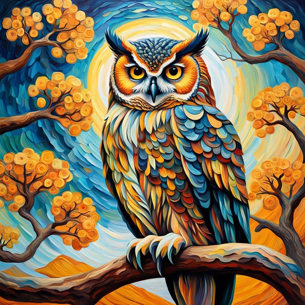 Majestic Owl and Baobab Tree in Van Gogh Style